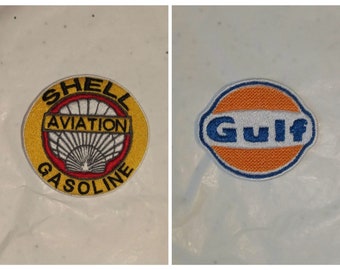 Shell, Gulf, embroidered iron-on patch, sport, automobile, artisanal