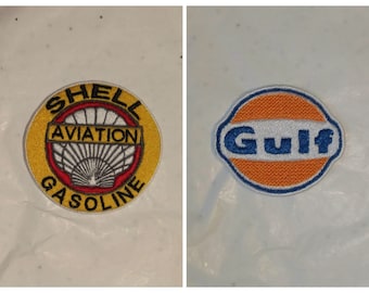 Shell, Gulf, embroidered iron-on patch, sport, automobile, artisanal