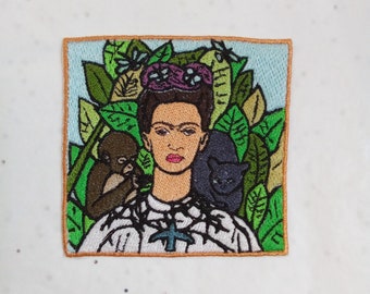 Frida Khalo, thorns necklace, monkey, panther, embroidered iron-on patch