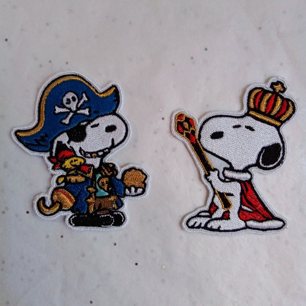 Snoopy pirate, roi, patchs thermocollants broderie au fil d'or.