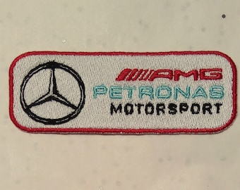 Hand-embroidered iron-on patch. Petronas AMG automobile. 9.5 cm x 3.5 cm