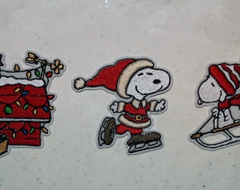 Snoopy Christmas, sled, skates, Christmas tree niche, embroidered iron-on patches