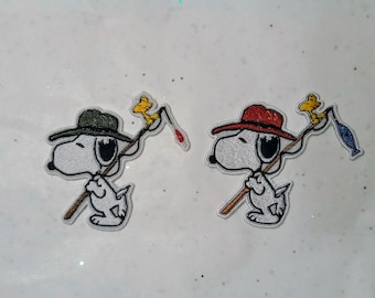 Embroidered iron-on patch Snoopy fisherman, fishing rod
