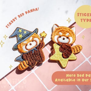 May include: Two embroidered patches of red pandas. One wears a wizard hat and cape, holding a star wand. The other panda holds a star. Text reads "Starry Red Panda!" and "Sticker Type."