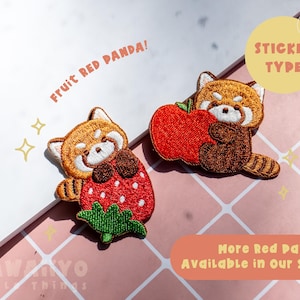 May include: Embroidered patches of red pandas with fruit. One panda holds a strawberry, the other an apple. The patches are brown, white, and red, with green details. Text reads "Fruit Red Panda!" and "Sticker Type."