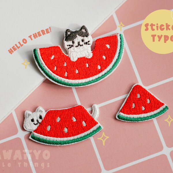 Cat & watermelon embroidered patch sticker for laptop/kawaii embroidered patch sticker for book/cute embroidery/Small Patches/Animal Patch