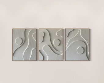 Set of 3 Abstract 3D Textured Wall Art, Boho Wall Art, Plaster Wall Art in Wabi-Sabi style on Stretched Canvas,3 piece wall art.