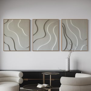 Minimalistische 3D Wandkunst | Weiße strukturierte Wandpaneele | Modernes Triptychon Leinwand | Großes abstraktes Kunstwerk mit Holzrahmen | Set von drei Wandkunst