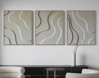 Minimalist 3D Wall Art | White Textured Wall Panels | Modern Triptych Canvas | Large Abstract Art with Wooden Frames | Set of Three Wall Art