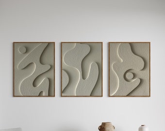 May include: Three framed abstract art prints with a white background and brown wood frames. The prints feature a raised, textured design of white lines and shapes. The prints are hanging on a white wall in a modern living room setting.