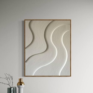 Minimalistische 3D-Wandkunst - Neutrale abstrakte Relieftafel im Holzrahmen - moderne handgefertigte Gipsskulptur für die Innendekoration