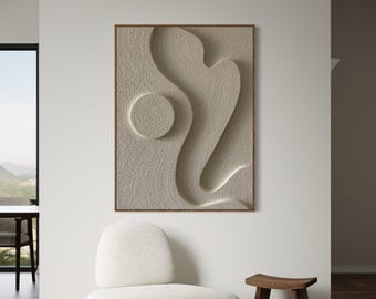 Beige Plaster Wall Art: 3D Relief Sculpture on Canvas