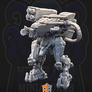 May include: A grey, modular mech robot with a large gun and multiple smaller guns. The robot is standing on a black background. The text "Modular Mech" is at the top of the image.