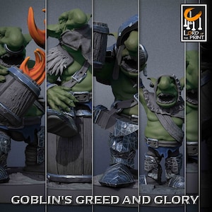 Könnte beinhalten: Vier grüne Goblin-Figuren, die Becher und Fässer halten. Die Goblins tragen Rüstungen und haben einen grimmigen Ausdruck. Der Text "Goblin's Greed and Glory" befindet sich am unteren Rand des Bildes.