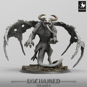 May include: A detailed grey and white 3D printed miniature of a monstrous creature with large wings, horns, and a long tongue. The creature is standing on a rocky base. The miniature is part of the Unchained Volume II collection.