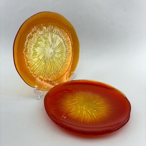 Amberina Glass Plates, Sets of 4 Vintage Dinner Plates, Orange Red Yellow Glass