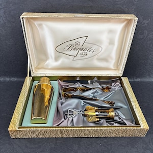 Vintage Glo-Hill Barmates Barware Set | MCM 1960s Chrome & Amber Bakelite | Shaker, Tongs, Corkscrew, Bar Knife | Original Box