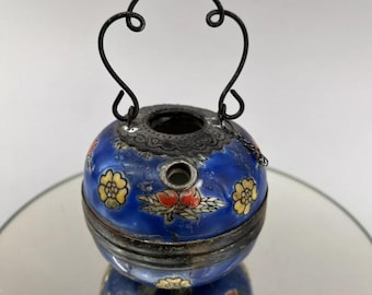Chinese Opium Water Pot Jar Blue Enamel Ceramic Brass Fittings Floral Vintage