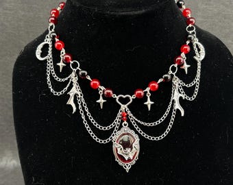 Gothic Bat Cameo Choker | Red & Black Vampire Necklace