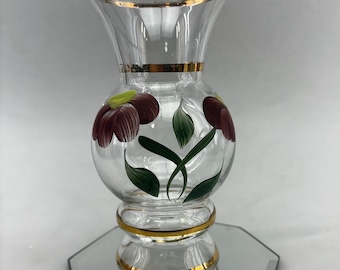 Small 1960s Glass Vase Hand painted Purple Flower Bartlett Collins 6” tall