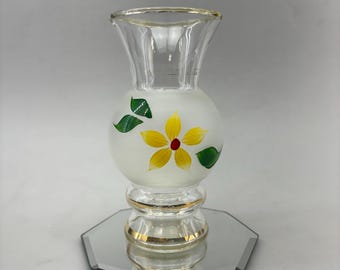 Small 1960s Glass Vase Mini Yellow Hand Painted Flower Bartlett Collins 6” tall