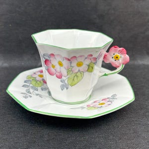 Vintage Melba Bone China Tea Cup & Saucer | Art Deco Octagonal Floral with Pink Flower Handle | 1948–1951 | Collectible English China