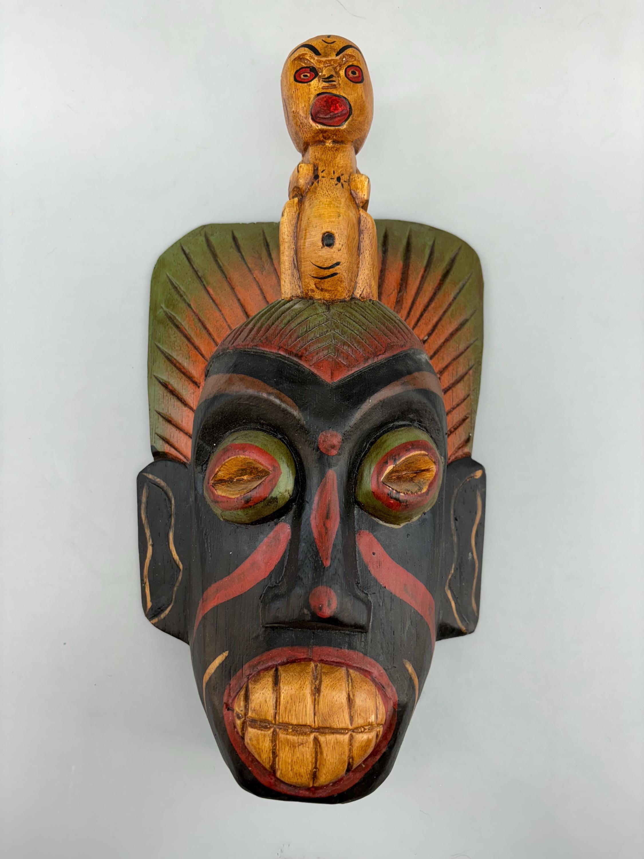 Vintage Indonesian Wooden Mask: Hand-carved Folk Art Wall Hanging
