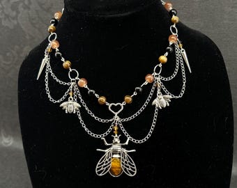 Tigers Eye Bee Necklace | Gothic Choker Jewelry | Layered Chain Insect Pendant | Handmade Nature Necklace