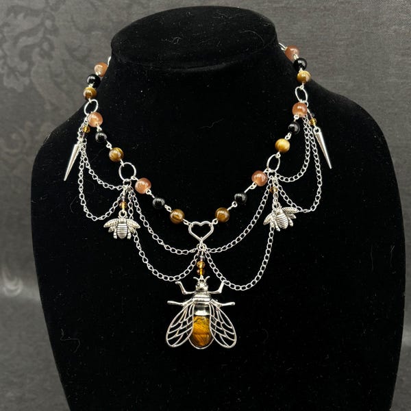 Tigers Eye Bee Necklace | Gothic Choker Jewelry | Layered Chain Insect Pendant | Handmade Nature Necklace