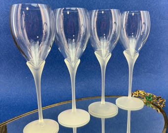 4 Colony Amaryllis Satin Frosted Flower Petal Stem Wine Glasses 8”
