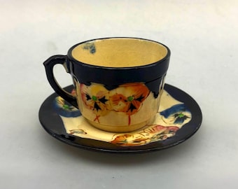 Antique Pansy Teacup & Saucer | Early 1900s Floral Tea Cup | Black Cream Vintage China | Art Deco Cottagecore Tea Set | Unmarked