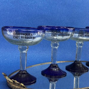 Hand Blown Mexican Glassware Set of 4 - Tequila Herradura Cobalt Blue Margarita Glasses
