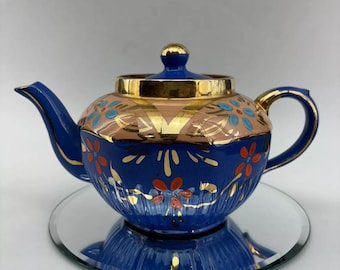 Vintage Arthur Wood Blue Gold Floral Brown Betty Teapot England Medium 4 cup