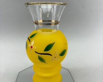 Small 1960s Glass Vase Mini Yellow Hand Painted Flower Bartlett Collins 6” tall