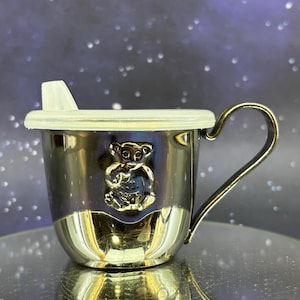 Vintage Silver Plated Bear Sippy Cup: Collectible Baby Cup with Lid