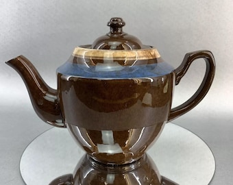 Vintage English Blue Striped Mottled Brown Betty 4-5 Cup Teapot Pottery England
