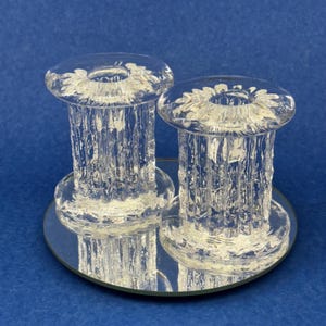 Pair of Vintage Kosta Boda Sweden Clair Textured Crystal Glass Candlesticks &#39;Rurik&#39; - Greek Style Columns. Designed by Ann and Göran Warff
