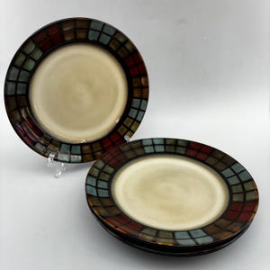 Vintage Mikasa Antigua Salad Plates, 8.75 Gourmet Basics Colored Checkers Set Of 4