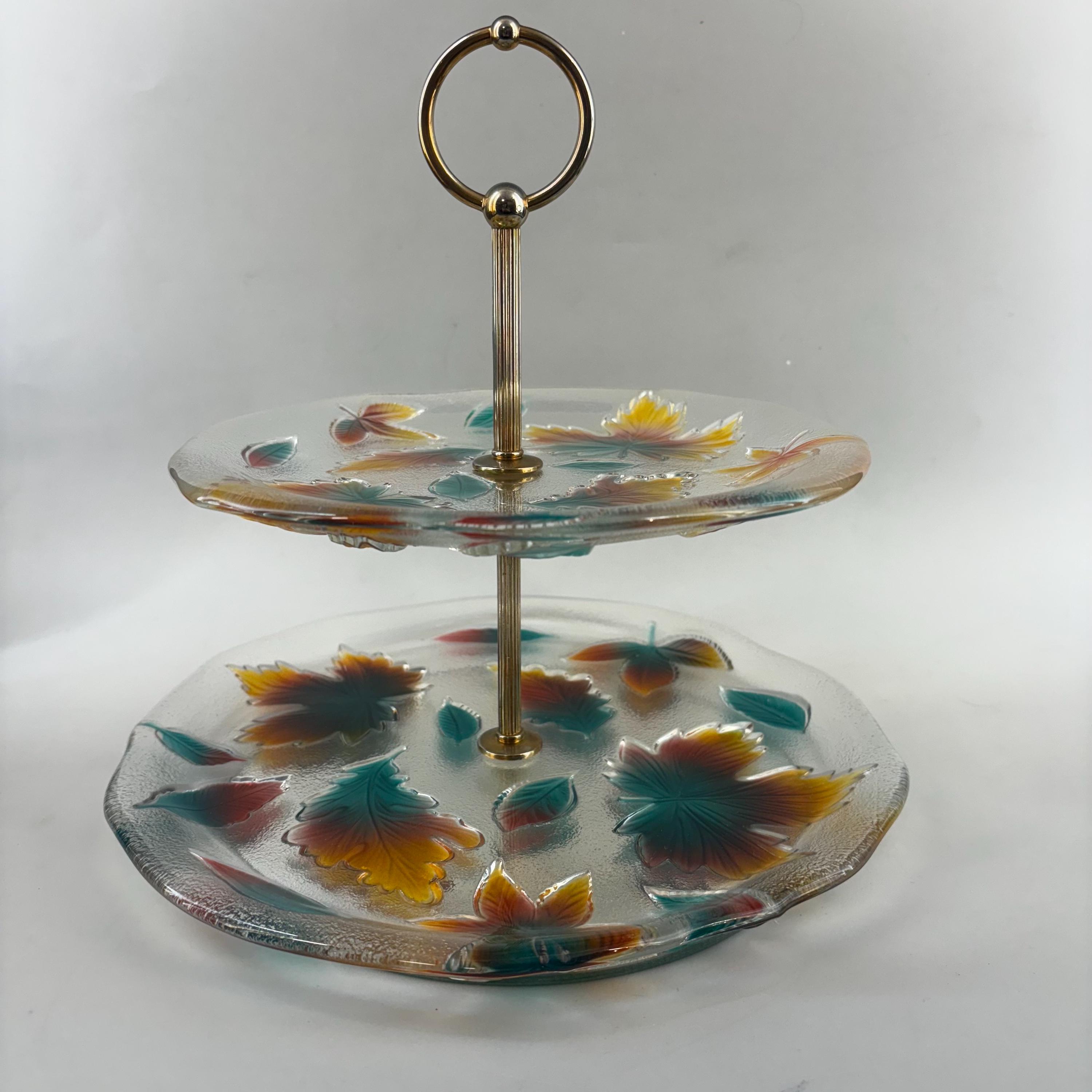 Mikasa Vermont Autumn Leaves Two Tier Crystal Glass Serving Tray