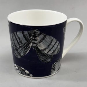 Rose of England Fine Bone China Large Deep Blue-Black Coffee Tea Mug Butterflies & Caterpillars