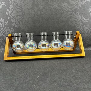 Könnte beinhalten: Ein Holzständer mit sechs transparenten Glasbirnen, die daran hängen. Die Birnen haben eine irisierende Oberfläche und eignen sich perfekt zum Präsentieren von kleinen Pflanzen oder Blumen.