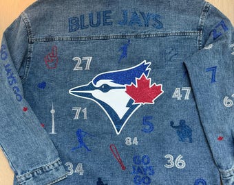 Veste en jean scintillante Blue Jays personnalisée | Vêtements surdimensionnés pour fans de baseball