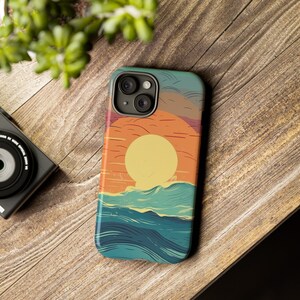 Coque de portable résistante rétro océan coucher de soleil pour Iphone, Samsung Galaxy et Google Pixels, coque graphique amusante