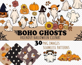 BOHO Halloween Ghost Clipart, PNGS, Sin fondo, Pegatinas digitales, Lindo arte de Halloween, Fantasmas amigables de Halloween, Patrones de impresión de Halloween