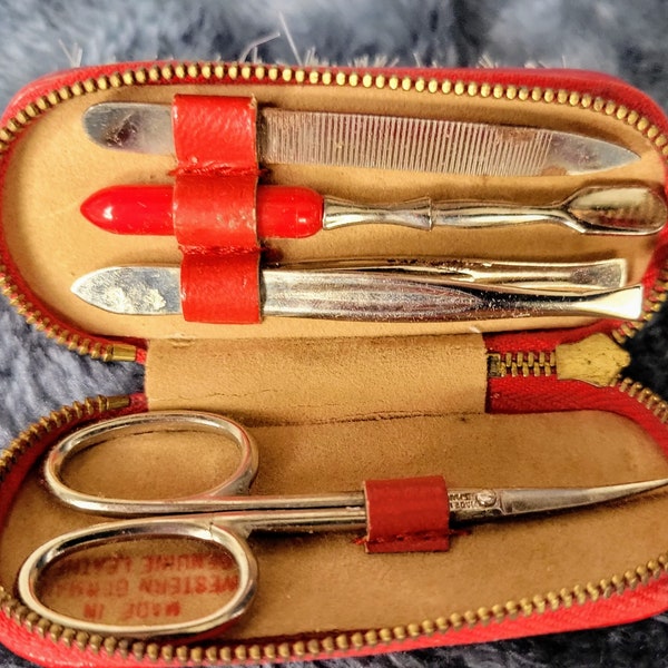 Travel Brush and nail care with Red Leather Case 1950s Mid Century Modern