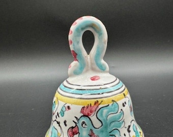 Floral and Rooster Design Bell Made in Italy Vintage Hand Painted Blue White