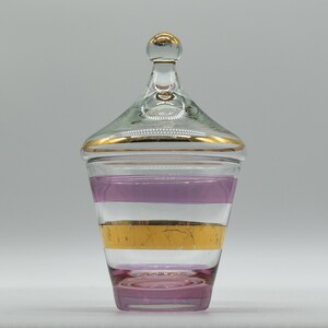 Apothocary, Vanity Jar/ Candy Dish MCM lines Clear with Cranberry and Gold