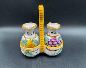 Italian Pottery Oil and Vinegar Cruets with Caddy Signed