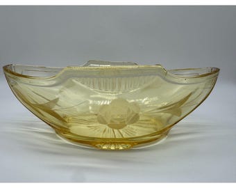 Vintage Depression Glass Topaz Yellow Oblong Console Bowl Etched Flowers