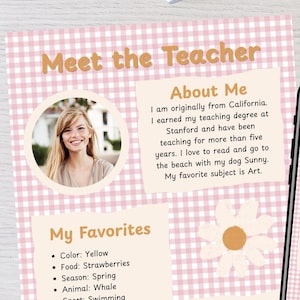 Editable Meet the Teacher Template: Pink Floral Daisy Design (Canva, Printable, Digital Download)